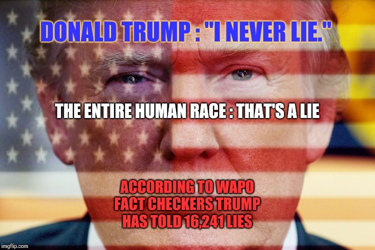 W o l f | DONALD TRUMP : "I NEVER LIE."; THE ENTIRE HUMAN RACE : THAT'S A LIE; ACCORDING TO WAPO FACT CHECKERS TRUMP HAS TOLD 16,241 LIES | image tagged in trump flag,memes,trump unfit unqualified dangerous,liar in chief,lock him up,lie lie lie | made w/ Imgflip meme maker