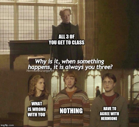 Why is it, when something happens, it is always you three? | ALL 3 OF YOU GET TO CLASS; NOTHING; WHAT IS WRONG WITH YOU; HAVE TO AGREE WITH HERMIONE | image tagged in why is it when something happens it is always you three | made w/ Imgflip meme maker