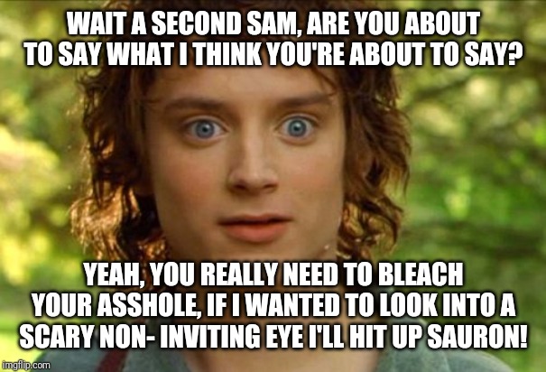 Surpised Frodo Meme | WAIT A SECOND SAM, ARE YOU ABOUT TO SAY WHAT I THINK YOU'RE ABOUT TO SAY? YEAH, YOU REALLY NEED TO BLEACH YOUR ASSHOLE, IF I WANTED TO LOOK INTO A SCARY NON- INVITING EYE I'LL HIT UP SAURON! | image tagged in memes,surpised frodo | made w/ Imgflip meme maker