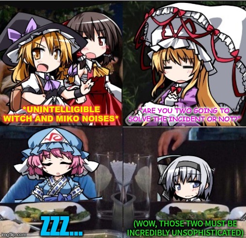 Marisa yelling at gap hag (4 panel) | *UNINTELLIGIBLE WITCH AND MIKO NOISES*; "ARE YOU TWO GOING TO SOLVE THE INCIDENT OR NOT?"; ZZZ... (WOW, THOSE TWO MUST BE INCREDIBLY UNSOPHISTICATED) | image tagged in marisa yelling at gap hag 4 panel | made w/ Imgflip meme maker