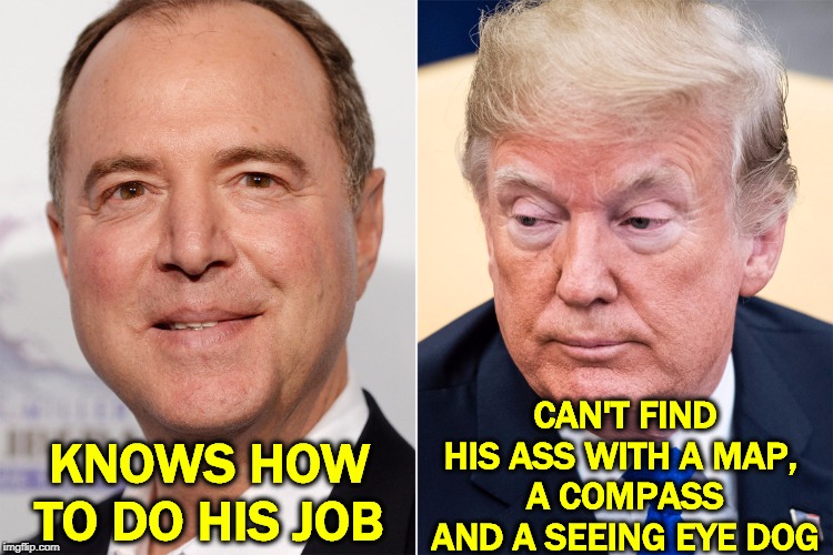 CAN'T FIND HIS ASS WITH A MAP, 
A COMPASS AND A SEEING EYE DOG; KNOWS HOW TO DO HIS JOB | image tagged in adam schiff,trump,incompetence,fool,idiot,jerk | made w/ Imgflip meme maker