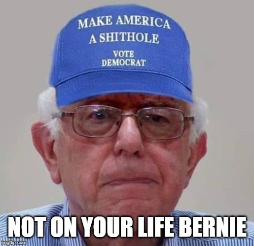 bernie | NOT ON YOUR LIFE BERNIE | image tagged in bernie hat,sanders,democrat | made w/ Imgflip meme maker