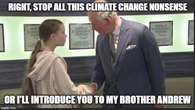 Prince Charles & Greta | RIGHT, STOP ALL THIS CLIMATE CHANGE NONSENSE; OR I'LL INTRODUCE YOU TO MY BROTHER ANDREW | image tagged in prince charles meets greta thunberg,greta thunberg,prince charles,funny,funny memes,funny meme | made w/ Imgflip meme maker