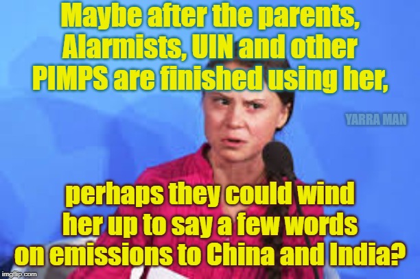 Greta | Maybe after the parents, Alarmists, UIN and other PIMPS are finished using her, YARRA MAN; perhaps they could wind her up to say a few words on emissions to China and India? | image tagged in greta | made w/ Imgflip meme maker