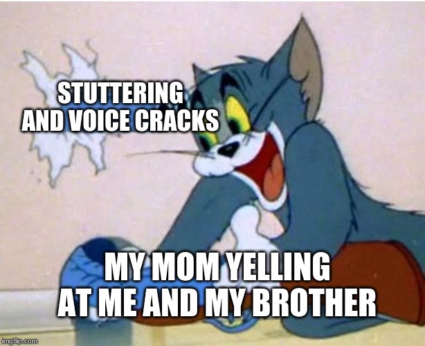 Tom and Jerry | STUTTERING AND VOICE CRACKS; MY MOM YELLING AT ME AND MY BROTHER | image tagged in tom and jerry | made w/ Imgflip meme maker