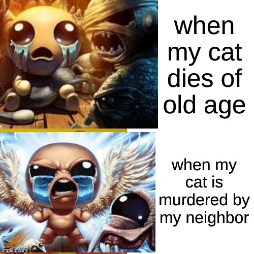 when my cat dies of old age; when my cat is murdered by my neighbor | image tagged in binding of isaac,dead cat,revenge | made w/ Imgflip meme maker