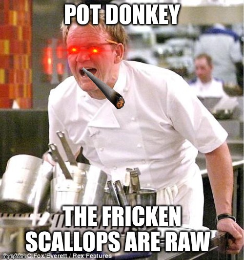 Chef Gordon Ramsay | POT DONKEY; THE FRICKEN SCALLOPS ARE RAW | image tagged in memes,chef gordon ramsay | made w/ Imgflip meme maker