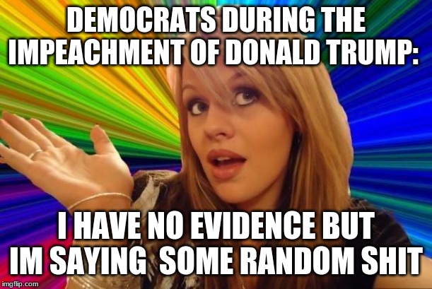 Dumb Blonde | DEMOCRATS DURING THE IMPEACHMENT OF DONALD TRUMP:; I HAVE NO EVIDENCE BUT IM SAYING  SOME RANDOM SHIT | image tagged in memes,dumb blonde | made w/ Imgflip meme maker