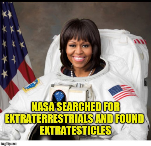 Michelle Obama | NASA SEARCHED FOR EXTRATERRESTRIALS AND FOUND 
EXTRATESTICLES | image tagged in michelle obama | made w/ Imgflip meme maker
