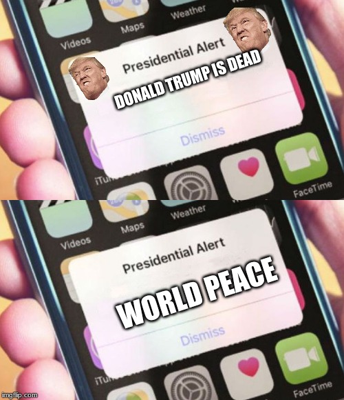 DONALD TRUMP IS DEAD; WORLD PEACE | image tagged in memes,presidential alert | made w/ Imgflip meme maker
