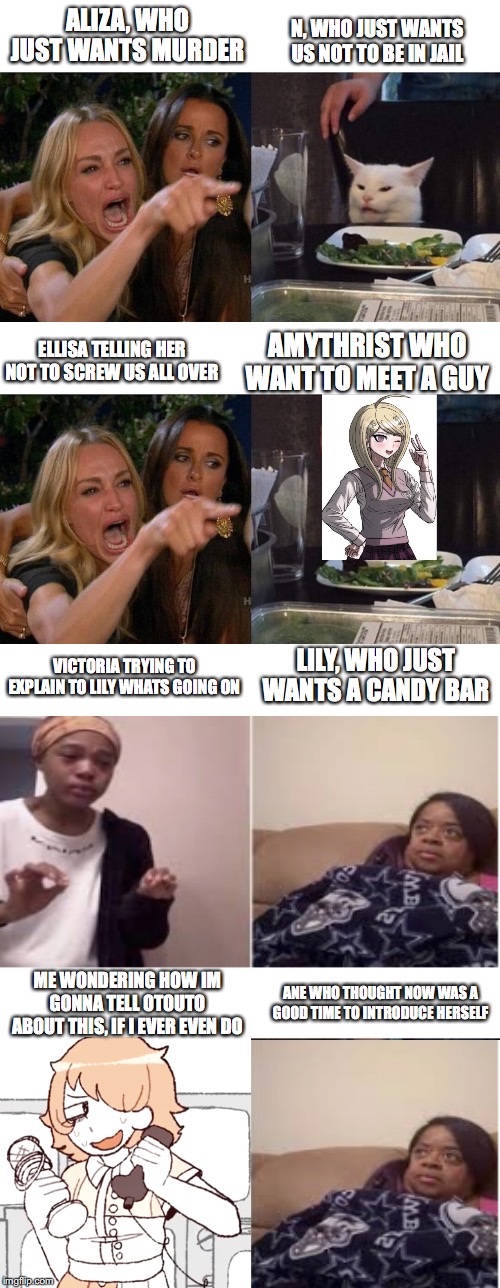 N, WHO JUST WANTS US NOT TO BE IN JAIL; ALIZA, WHO JUST WANTS MURDER; AMYTHRIST WHO WANT TO MEET A GUY; ELLISA TELLING HER NOT TO SCREW US ALL OVER; LILY, WHO JUST WANTS A CANDY BAR; VICTORIA TRYING TO EXPLAIN TO LILY WHATS GOING ON; ME WONDERING HOW IM GONNA TELL OTOUTO ABOUT THIS, IF I EVER EVEN DO; ANE WHO THOUGHT NOW WAS A GOOD TIME TO INTRODUCE HERSELF | image tagged in memes,woman yelling at cat | made w/ Imgflip meme maker