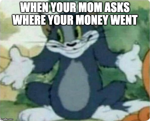 Tom Shrugging | WHEN YOUR MOM ASKS WHERE YOUR MONEY WENT | image tagged in tom shrugging | made w/ Imgflip meme maker
