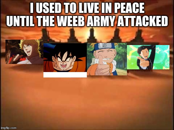 And then fire nation attacked | I USED TO LIVE IN PEACE UNTIL THE WEEB ARMY ATTACKED | image tagged in and then fire nation attacked | made w/ Imgflip meme maker