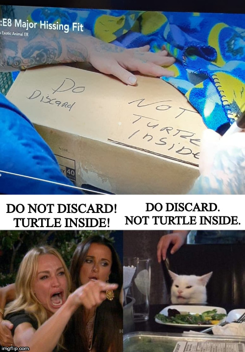 DO DISCARD. NOT TURTLE INSIDE. DO NOT DISCARD! TURTLE INSIDE! | image tagged in memes,woman yelling at cat,smudge the cat | made w/ Imgflip meme maker