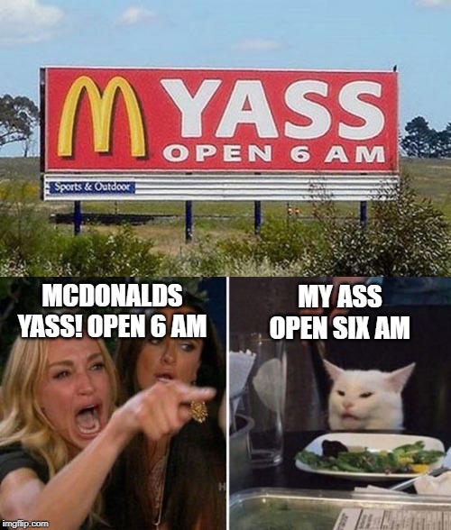 Meet you there! :3 | MY ASS OPEN SIX AM; MCDONALDS YASS! OPEN 6 AM | image tagged in memes,funny,funny memes,mcdonalds,stupid signs,signs | made w/ Imgflip meme maker