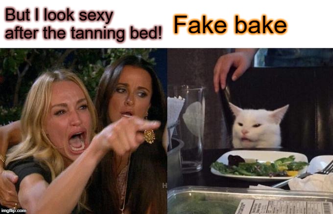 Woman Yelling At Cat | But I look sexy after the tanning bed! Fake bake | image tagged in memes,woman yelling at cat | made w/ Imgflip meme maker