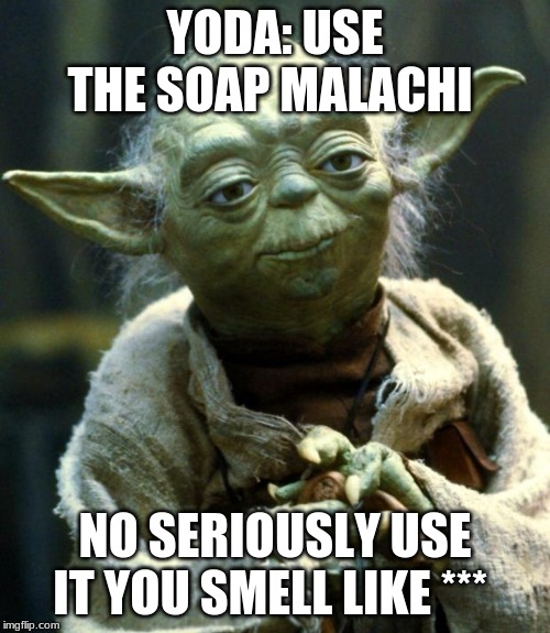 Star Wars Yoda Meme | YODA: USE THE SOAP MALACHI; NO SERIOUSLY USE IT YOU SMELL LIKE *** | image tagged in memes,star wars yoda | made w/ Imgflip meme maker