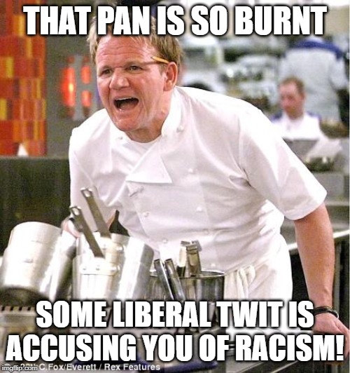 Blackened | THAT PAN IS SO BURNT; SOME LIBERAL TWIT IS ACCUSING YOU OF RACISM! | image tagged in memes,chef gordon ramsay | made w/ Imgflip meme maker