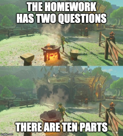 THE HOMEWORK HAS TWO QUESTIONS; THERE ARE TEN PARTS | image tagged in legend of zelda | made w/ Imgflip meme maker