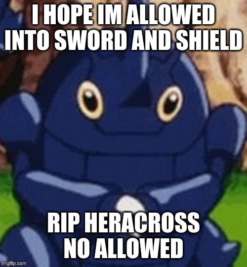 Heracross Face | I HOPE IM ALLOWED INTO SWORD AND SHIELD; RIP HERACROSS NO ALLOWED | image tagged in heracross face | made w/ Imgflip meme maker