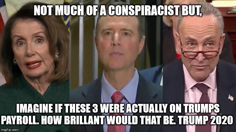 TRUMP 2020 | NOT MUCH OF A CONSPIRACIST BUT, IMAGINE IF THESE 3 WERE ACTUALLY ON TRUMPS PAYROLL. HOW BRILLANT WOULD THAT BE. TRUMP 2020 | image tagged in nancy pelosi | made w/ Imgflip meme maker