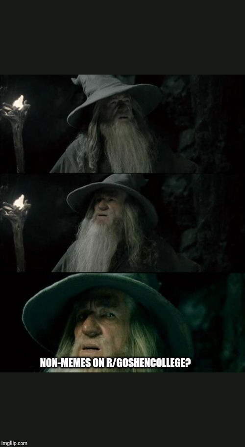 Confused Gandalf Meme | NON-MEMES ON R/GOSHENCOLLEGE? | image tagged in memes,confused gandalf | made w/ Imgflip meme maker