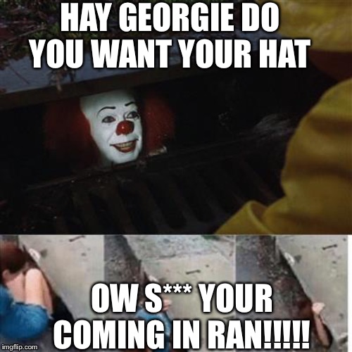 pennywise in sewer | HAY GEORGIE DO YOU WANT YOUR HAT; OW S*** YOUR COMING IN RAN!!!!! | image tagged in pennywise in sewer | made w/ Imgflip meme maker