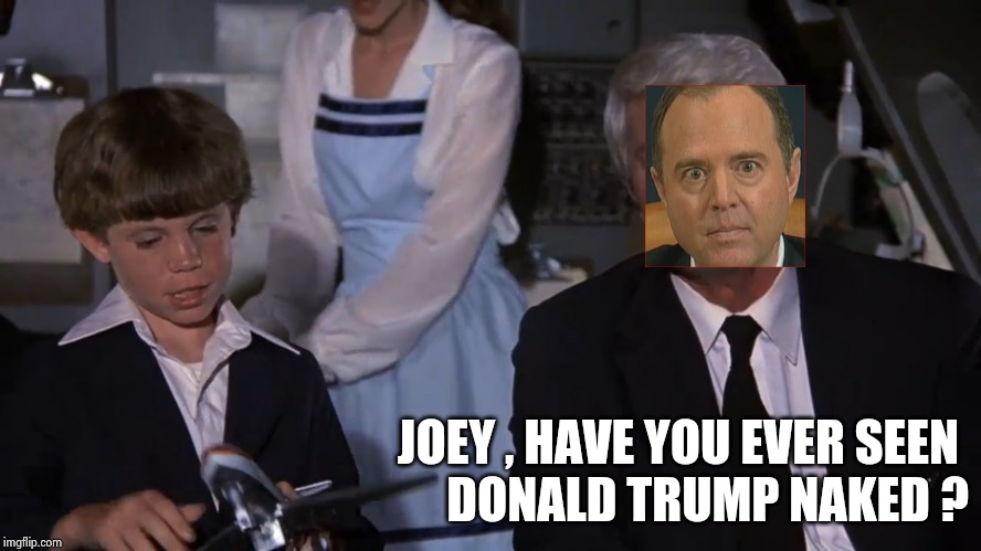 Hell hath no fury like a Schiff scorned | JOEY , HAVE YOU EVER SEEN 
DONALD TRUMP NAKED ? | image tagged in airplane joey,love,well yes but actually no,want,unrequited | made w/ Imgflip meme maker