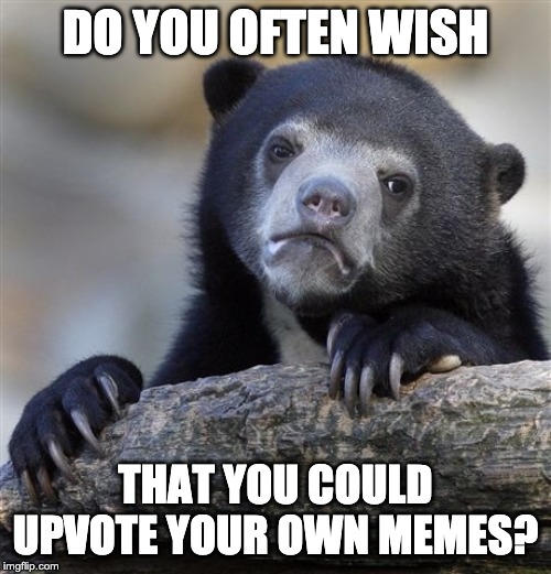 Confession Bear | DO YOU OFTEN WISH; THAT YOU COULD UPVOTE YOUR OWN MEMES? | image tagged in memes,confession bear | made w/ Imgflip meme maker