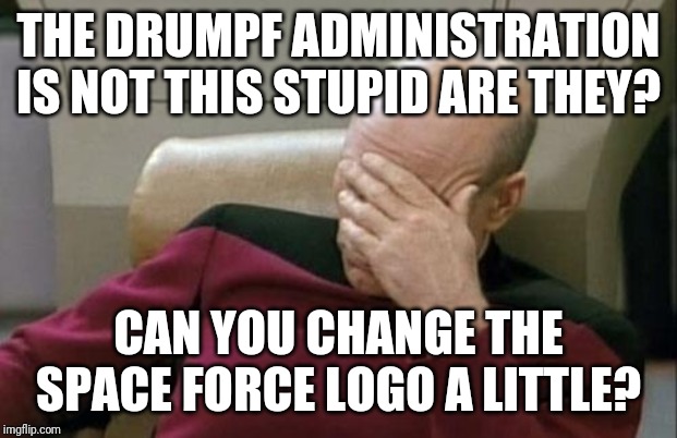 Captain Picard Facepalm Meme | THE DRUMPF ADMINISTRATION IS NOT THIS STUPID ARE THEY? CAN YOU CHANGE THE SPACE FORCE LOGO A LITTLE? | image tagged in memes,captain picard facepalm | made w/ Imgflip meme maker