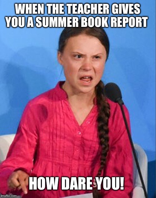 Greta Thunberg how dare you | WHEN THE TEACHER GIVES YOU A SUMMER BOOK REPORT; HOW DARE YOU! | image tagged in greta thunberg how dare you | made w/ Imgflip meme maker