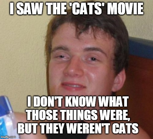 Even 10 Guy knows what a cat looks like. | I SAW THE 'CATS' MOVIE; I DON'T KNOW WHAT THOSE THINGS WERE, BUT THEY WEREN'T CATS | image tagged in memes,10 guy,movies,hollywood,univeral,cats | made w/ Imgflip meme maker