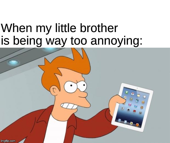 Shut Up And Take My iPad | When my little brother is being way too annoying: | image tagged in shut up and take my ipad | made w/ Imgflip meme maker