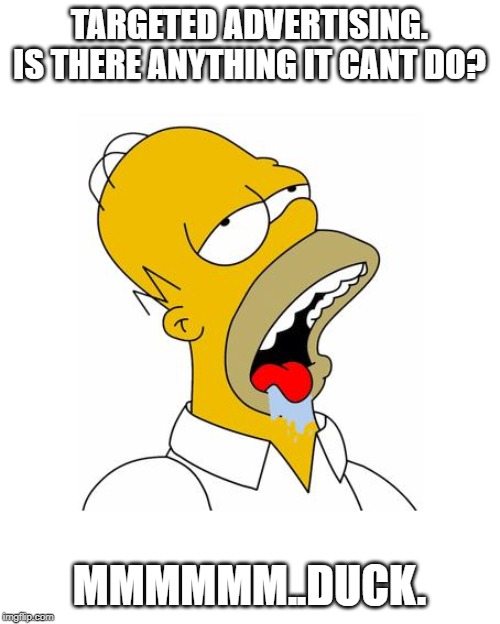 Homer Simpson Drooling | TARGETED ADVERTISING. IS THERE ANYTHING IT CANT DO? MMMMMM..DUCK. | image tagged in homer simpson drooling | made w/ Imgflip meme maker