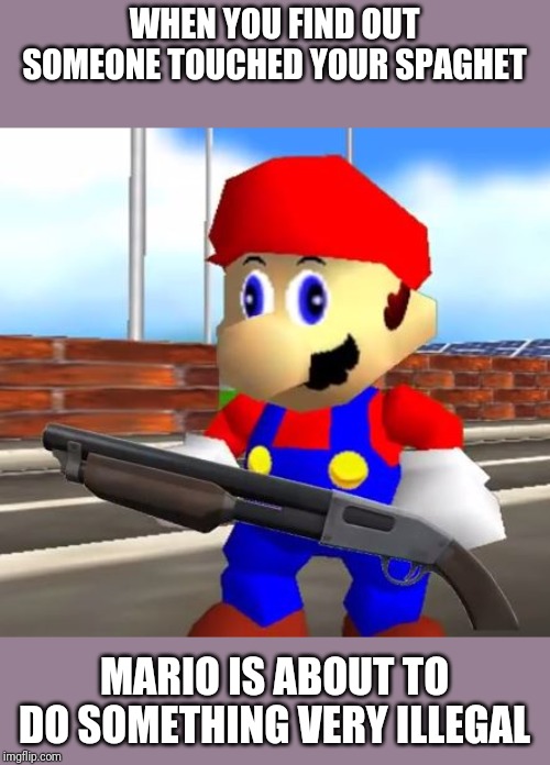 SMG4 Shotgun Mario | WHEN YOU FIND OUT SOMEONE TOUCHED YOUR SPAGHET; MARIO IS ABOUT TO DO SOMETHING VERY ILLEGAL | image tagged in smg4 shotgun mario | made w/ Imgflip meme maker