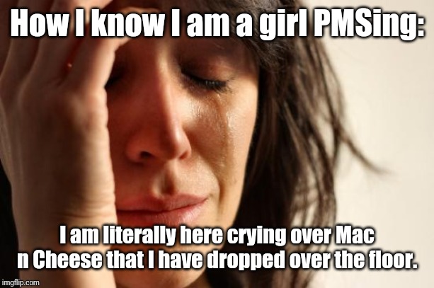 First World Problems Meme | How I know I am a girl PMSing:; I am literally here crying over Mac n Cheese that I have dropped over the floor. | image tagged in memes,first world problems | made w/ Imgflip meme maker