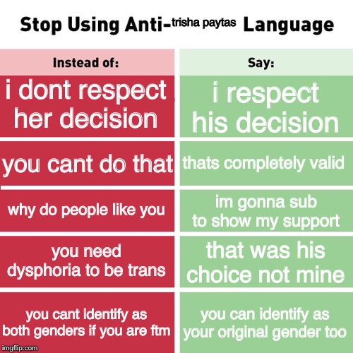 Stop Using Anti-Animal Language | trisha paytas; i dont respect her decision; i respect his decision; thats completely valid; you cant do that; why do people like you; im gonna sub to show my support; you need dysphoria to be trans; that was his choice not mine; you cant identify as both genders if you are ftm; you can identify as your original gender too | image tagged in stop using anti-animal language | made w/ Imgflip meme maker