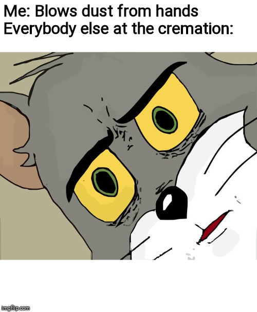 Unsettled Tom | Me: Blows dust from hands


Everybody else at the cremation: | image tagged in memes,unsettled tom | made w/ Imgflip meme maker