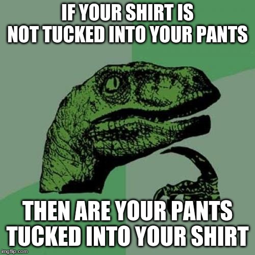 Philosoraptor | IF YOUR SHIRT IS NOT TUCKED INTO YOUR PANTS; THEN ARE YOUR PANTS TUCKED INTO YOUR SHIRT | image tagged in memes,philosoraptor | made w/ Imgflip meme maker