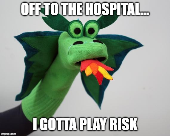Slade The Dragon: "...I gotta play Risk" | OFF TO THE HOSPITAL... I GOTTA PLAY RISK | image tagged in slade the dragon | made w/ Imgflip meme maker