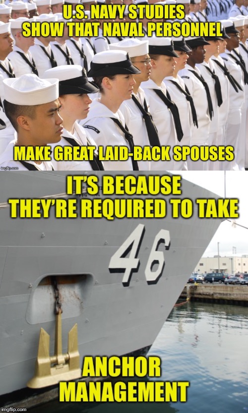 Damn The Puns, Full Speed Ahead | image tagged in navy,study,spouses,anger management,anchor management | made w/ Imgflip meme maker