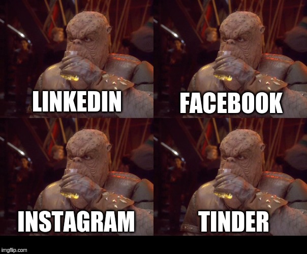 profiles all the same | LINKEDIN; FACEBOOK; TINDER; INSTAGRAM | image tagged in profiles all the same | made w/ Imgflip meme maker