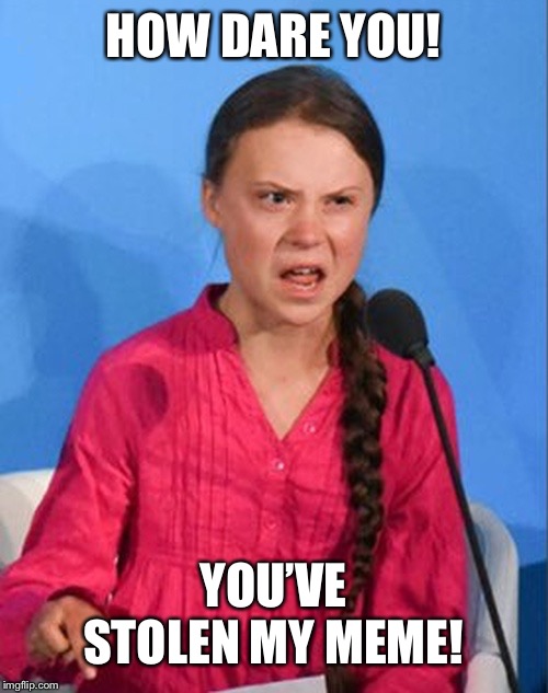 Greta Thunberg how dare you | HOW DARE YOU! YOU’VE STOLEN MY MEME! | image tagged in greta thunberg how dare you | made w/ Imgflip meme maker