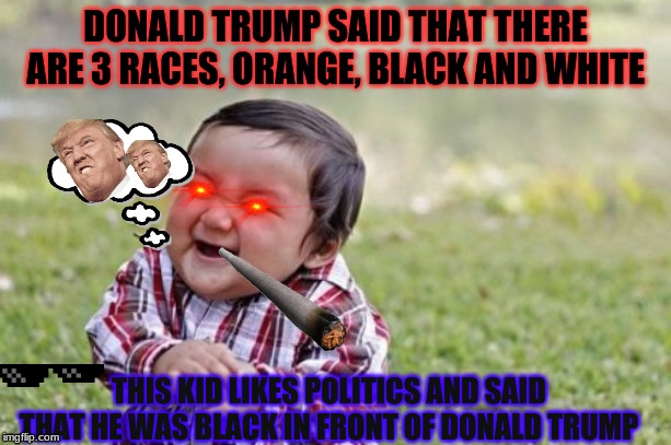 Evil Toddler | DONALD TRUMP SAID THAT THERE ARE 3 RACES, ORANGE, BLACK AND WHITE; THIS KID LIKES POLITICS AND SAID THAT HE WAS BLACK IN FRONT OF DONALD TRUMP | image tagged in memes,evil toddler | made w/ Imgflip meme maker