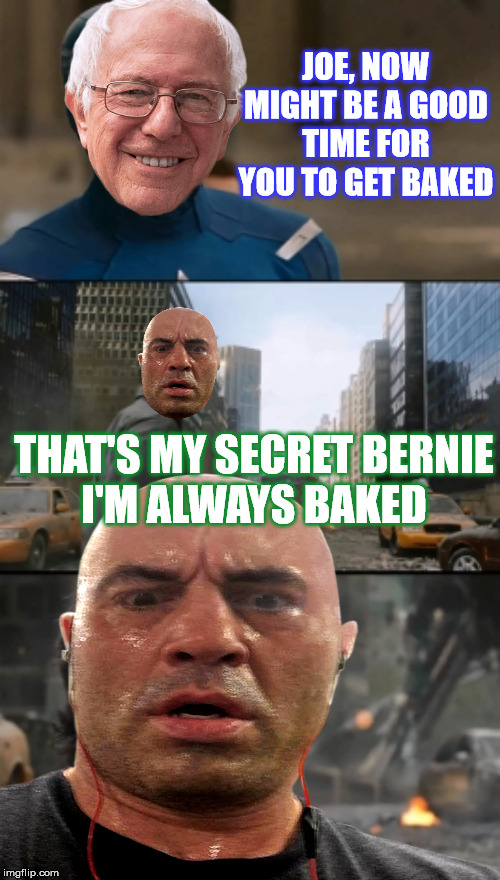 That's My Secret Bernie | JOE, NOW MIGHT BE A GOOD TIME FOR YOU TO GET BAKED; THAT'S MY SECRET BERNIE
I'M ALWAYS BAKED | image tagged in that's my secret,joe rogan,bernie sanders | made w/ Imgflip meme maker