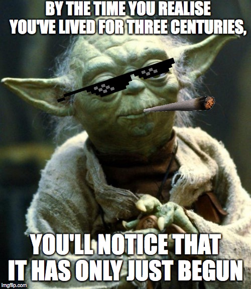 Star Wars Yoda Meme | BY THE TIME YOU REALISE YOU'VE LIVED FOR THREE CENTURIES, YOU'LL NOTICE THAT IT HAS ONLY JUST BEGUN | image tagged in memes,star wars yoda | made w/ Imgflip meme maker