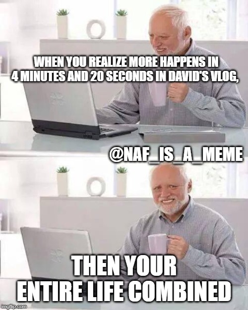 Hide the Pain Harold | WHEN YOU REALIZE MORE HAPPENS IN 4 MINUTES AND 20 SECONDS IN DAVID'S VLOG, @NAF_IS_A_MEME; THEN YOUR ENTIRE LIFE COMBINED | image tagged in memes,hide the pain harold | made w/ Imgflip meme maker