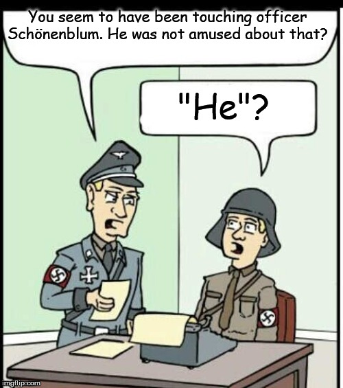 You seem to have been touching officer Schönenblum. He was not amused about that? "He"? | made w/ Imgflip meme maker