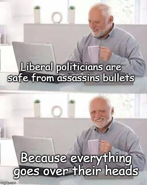 Hide the Pain Harold Meme | Liberal politicians are safe from assassins bullets; Because everything goes over their heads | image tagged in memes,hide the pain harold | made w/ Imgflip meme maker