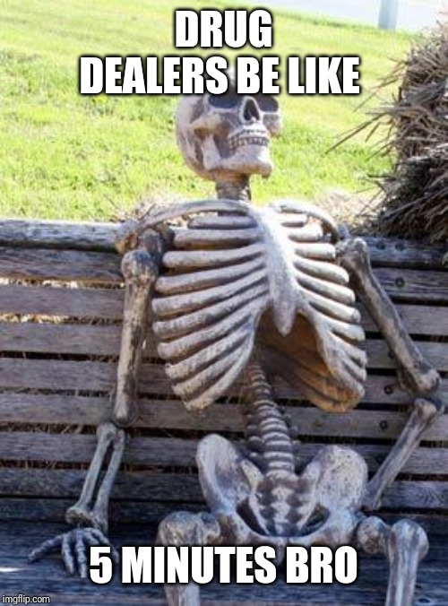 Waiting Skeleton Meme |  DRUG DEALERS BE LIKE; 5 MINUTES BRO | image tagged in memes,waiting skeleton | made w/ Imgflip meme maker